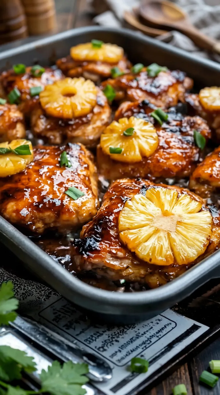 Baked Huli Huli Chicken topped with pineapple glaze on a plate