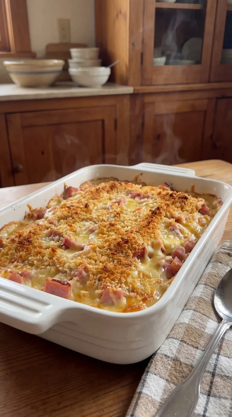 Baked Reuben Casserole topped with melted cheese and fresh herbs
