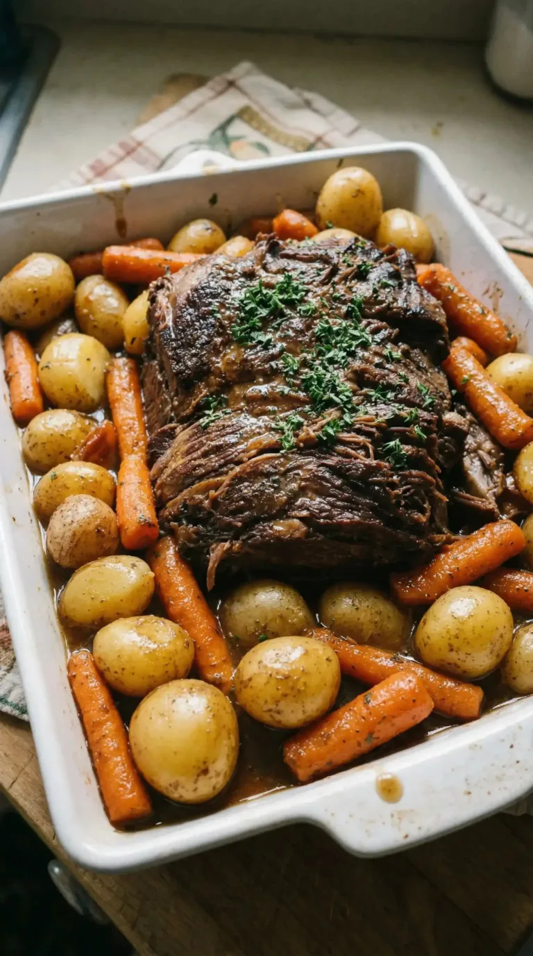 Delicious crockpot beef pot roast served with vegetables