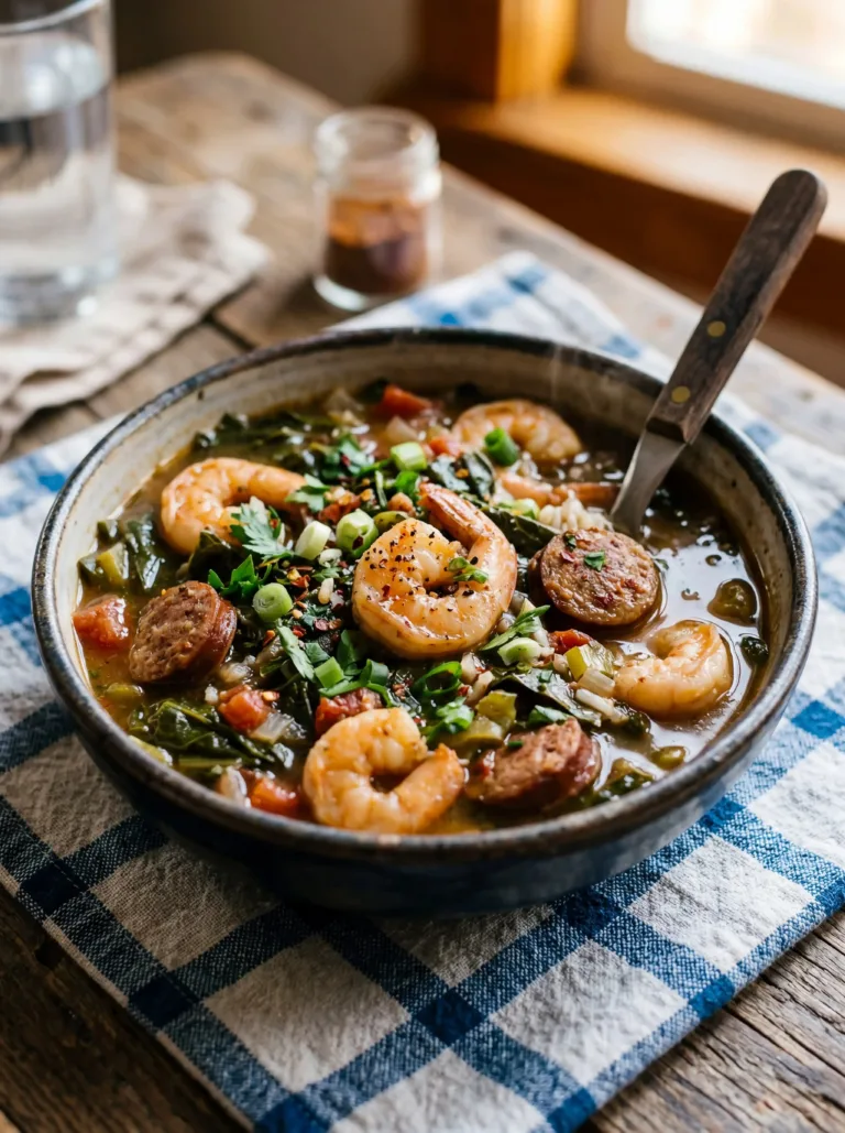 Delicious bowl of gumbo collard greens with spices and vegetables