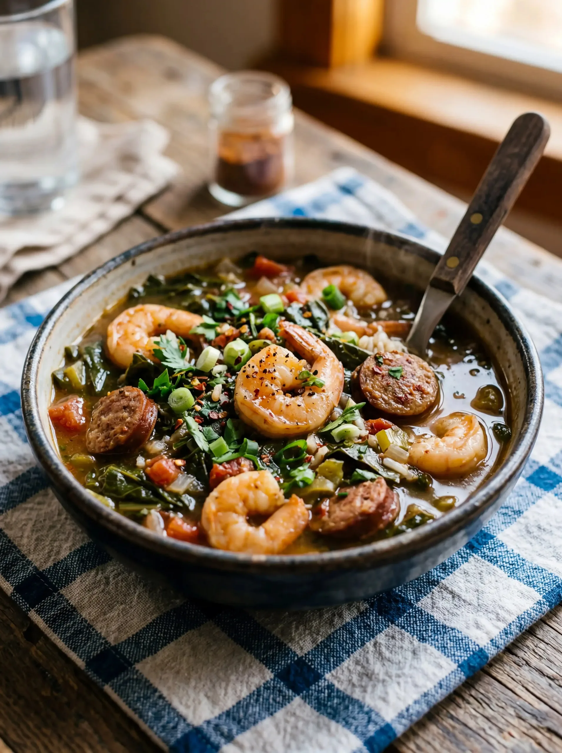 Delicious bowl of gumbo collard greens with spices and vegetables