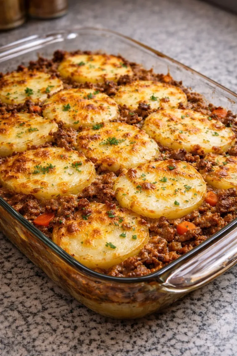 Cheesy beef potato bake dish topped with melted cheese and fresh herbs