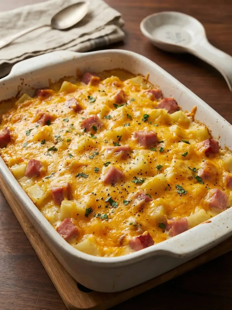 Cheesy Ham and Potato Casserole topped with melted cheese and herbs