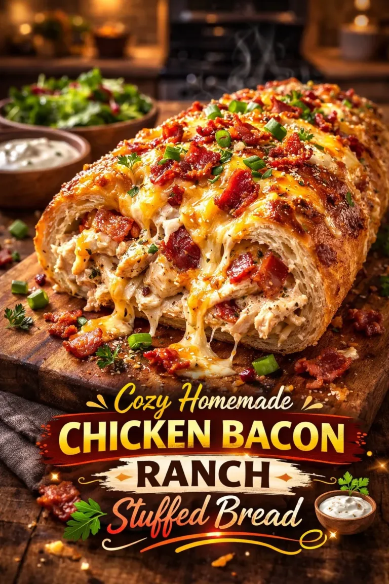 Chicken Bacon Ranch Stuffed Bread with melted cheese and fresh herbs