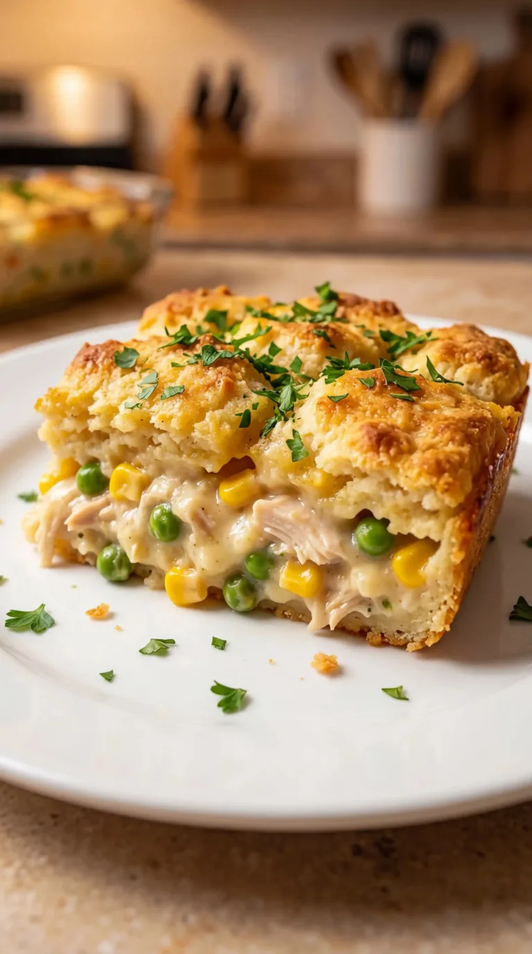Creamy Chicken Hashbrown Casserole topped with cheese and herbs