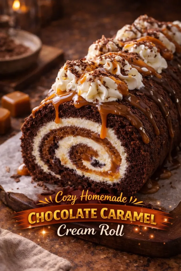 Delicious chocolate caramel cream roll dessert on a plate