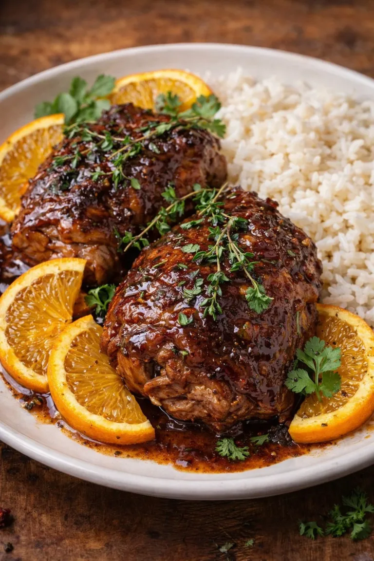 Citrus-Braised Beef garnished with garlic and fresh herbs on a plate