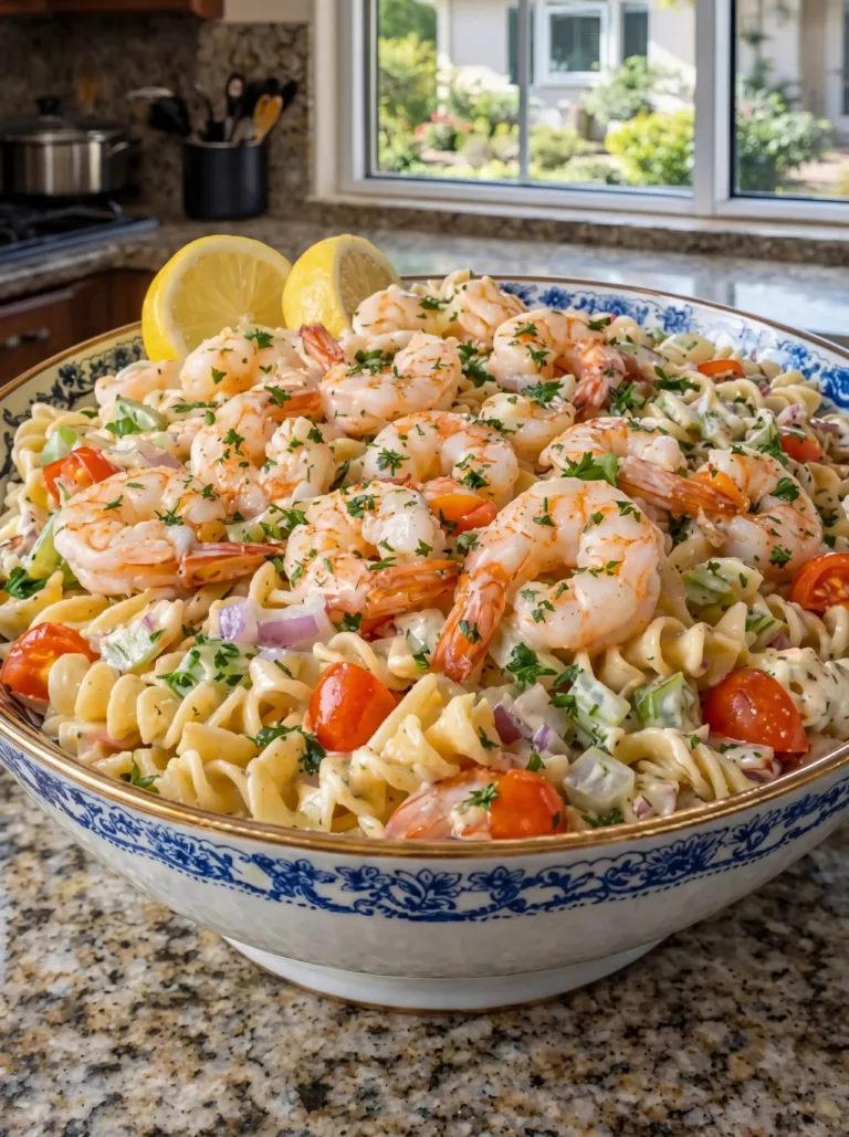 Creamy crab pasta salad with lemon and Old Bay seasoning on a plate