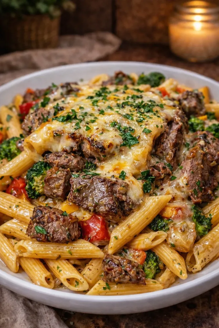 Creamy garlic parmesan penne with steak, broccoli, and bell peppers in a bowl