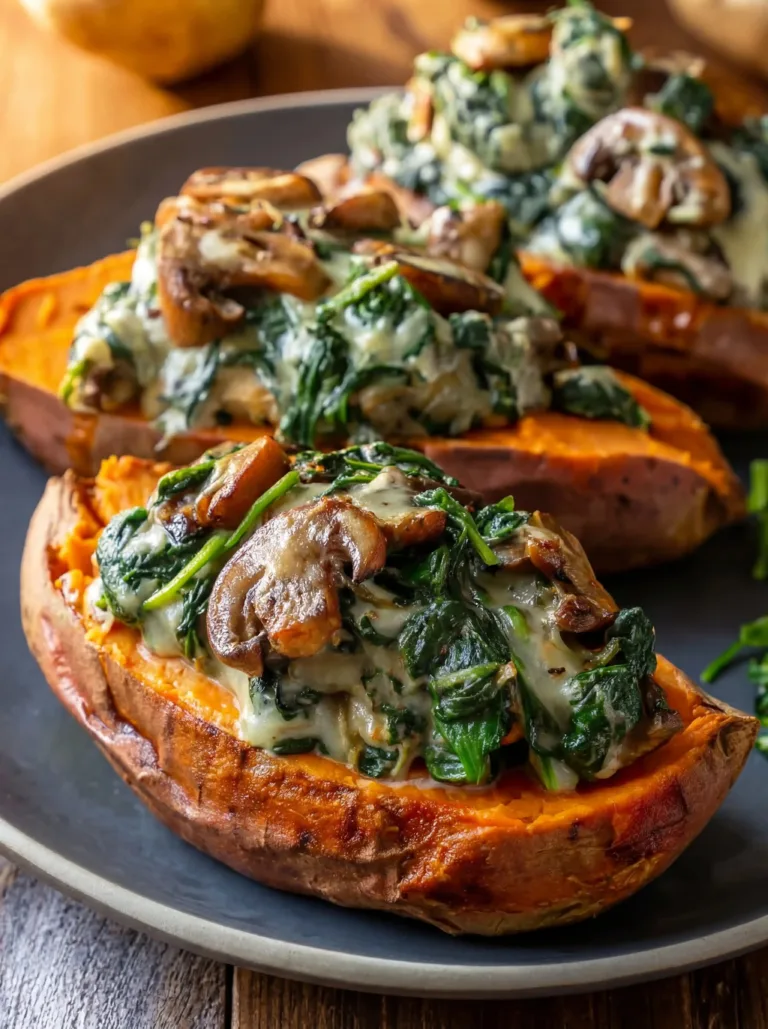 Creamy mushroom and spinach stuffed sweet potatoes on a plate