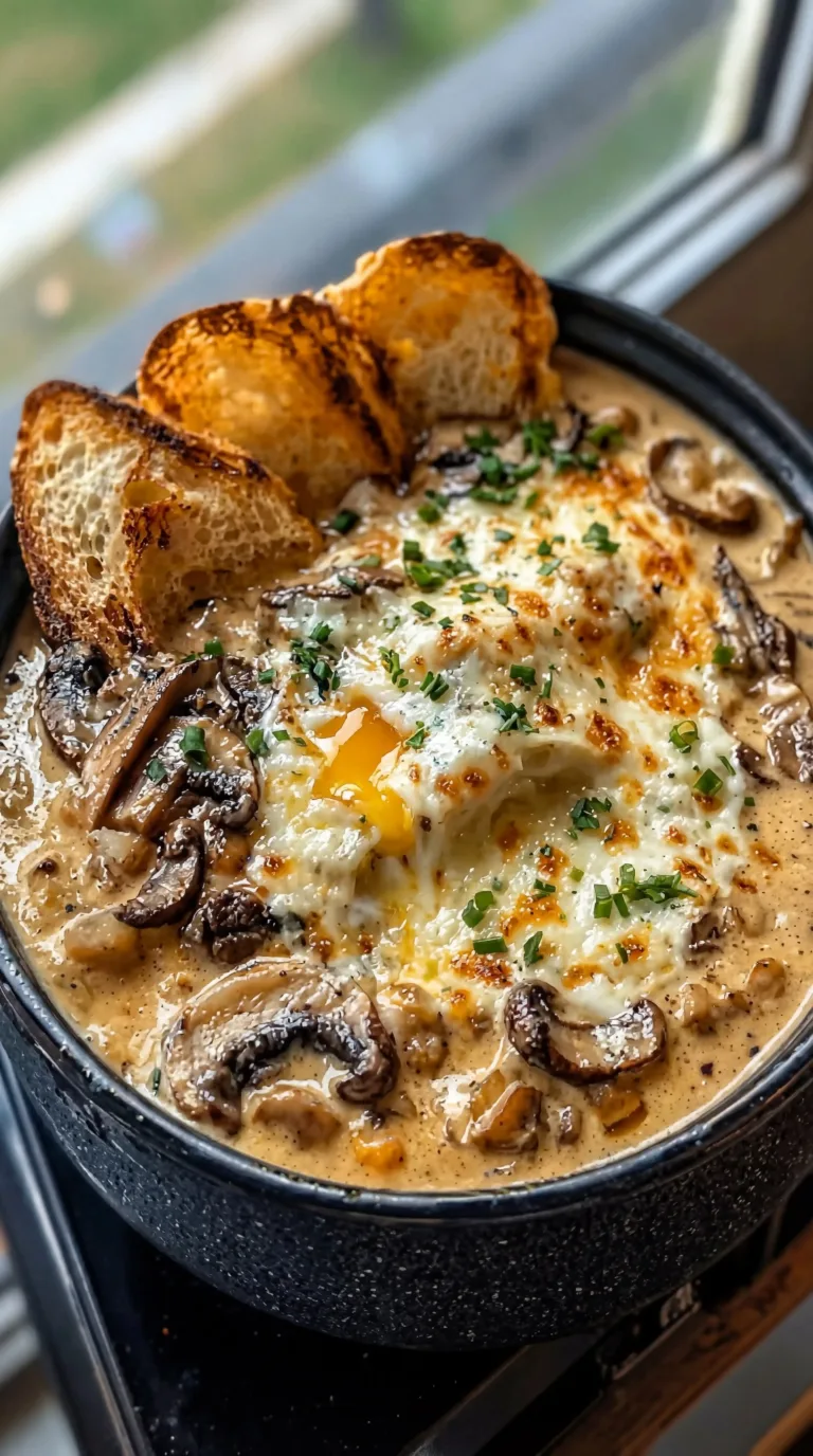 Creamy mushroom soup served in a bowl with fresh herbs on top