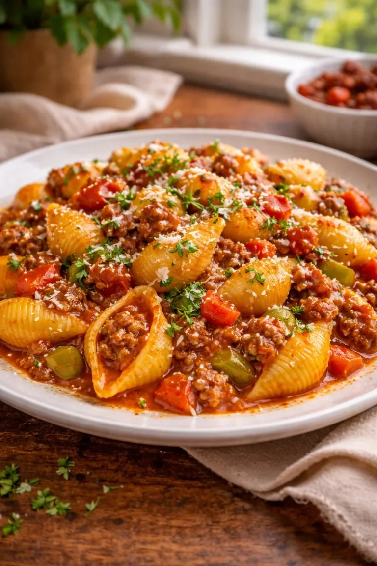 Creamy one-pot beef and shells dish served in a bowl