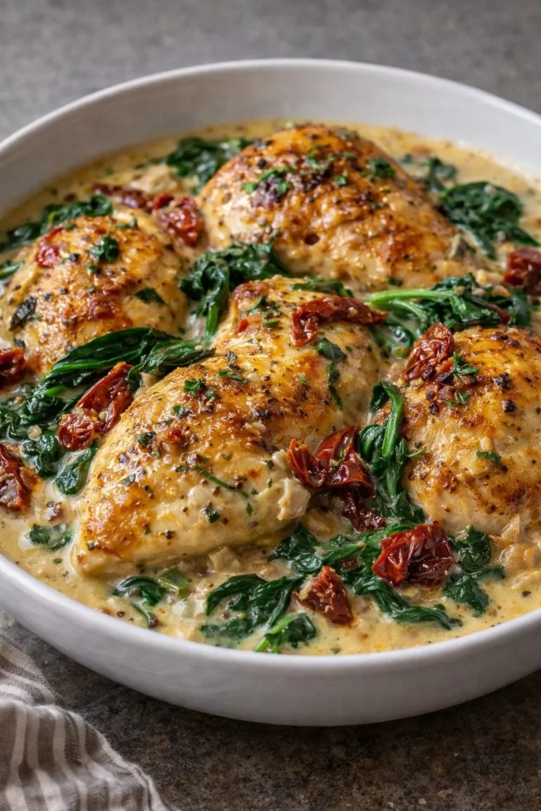 Creamy Tuscan Garlic Chicken in a skillet garnished with herbs