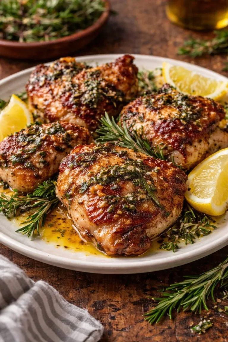 Crispy lemon herb roasted chicken thighs plated with fresh herbs