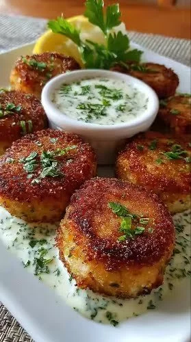 Crispy tuna croquettes with creamy herb sauce on a plate
