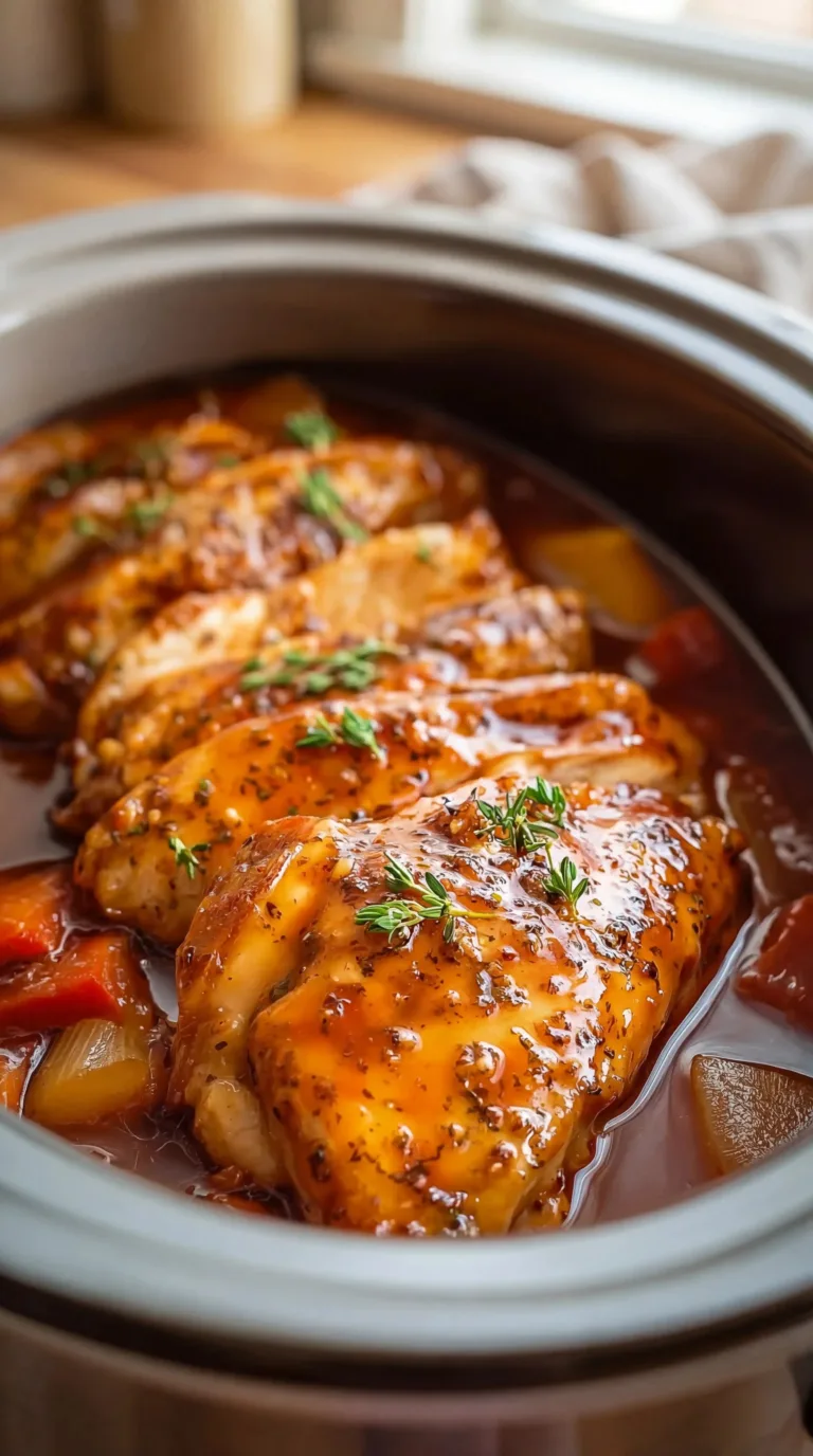 Crockpot Chicken made with Sweet Baby Ray's Barbecue Sauce in a slow cooker