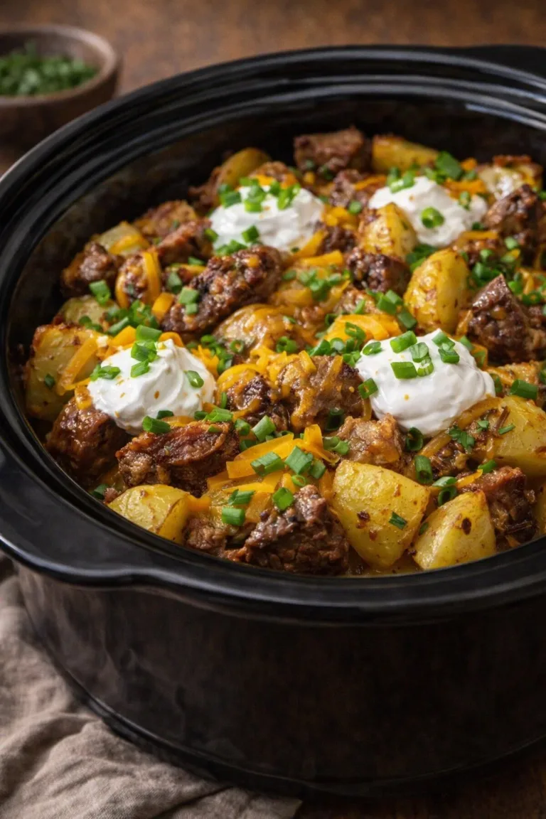 Crockpot Loaded Steak and Potato Bake served in a dish