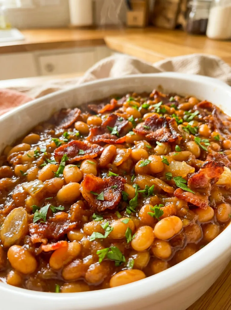 Delicious Crockpot Maple Bacon Baked Beans with a rich, savory glaze