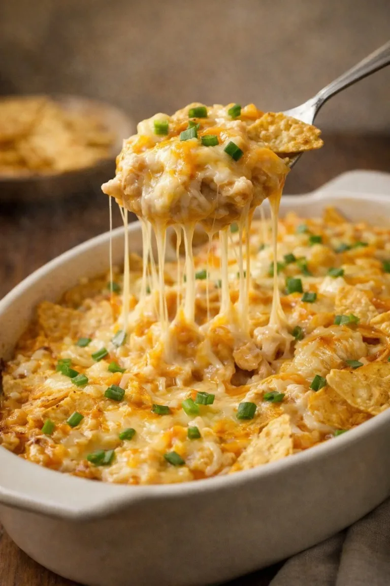 Delicious Doritos Chicken Casserole topped with cheese and crunchy Doritos.