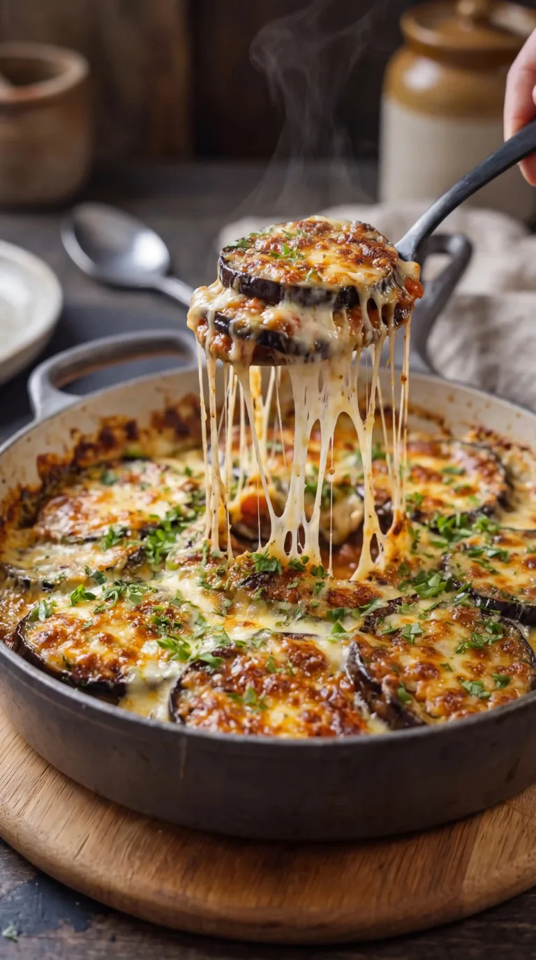 Delicious Eggplant Gratin topped with creamy Bechamel Sauce