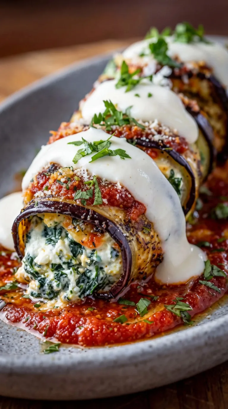 Delicious baked Eggplant Rollatini with ricotta, marinara, and mozzarella cheese