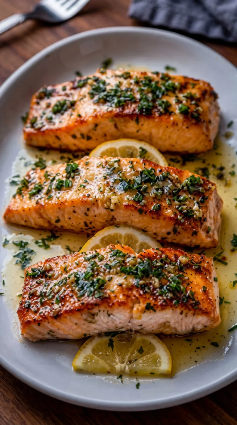 Garlic Butter Salmon with Lemon served on a white plate