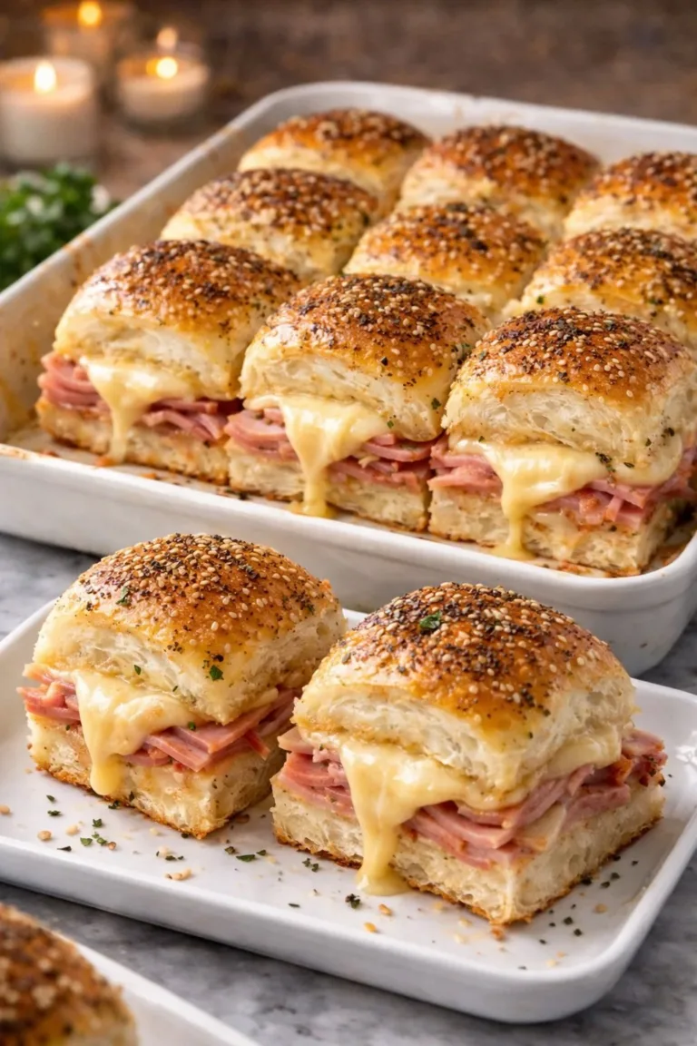 Ham and cheese sliders with melted cheese and savory ham on soft rolls