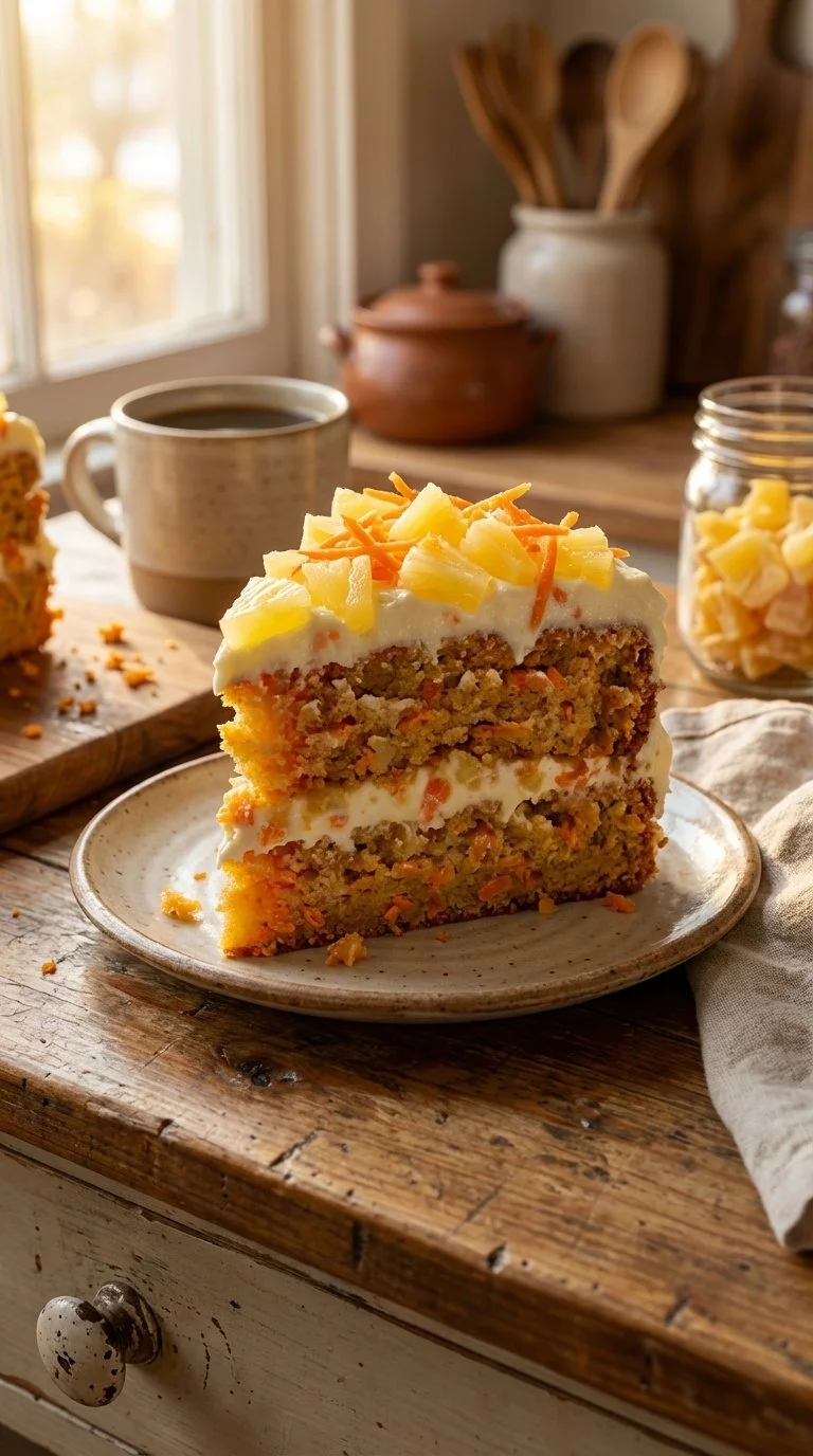 Hawaiian Carrot Pineapple Cake with tropical fruits and cream frosting