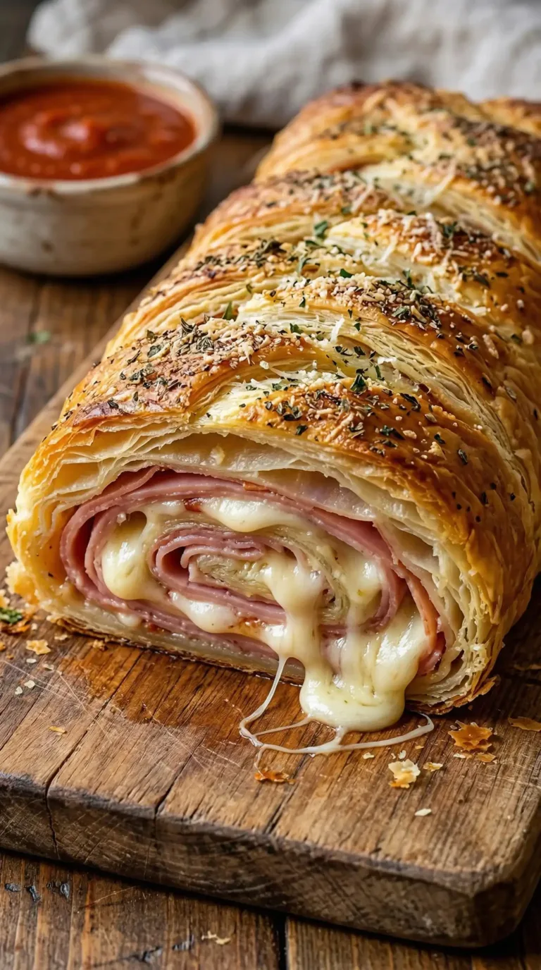 Homemade Italian Stromboli filled with cheese and meats on a wooden board
