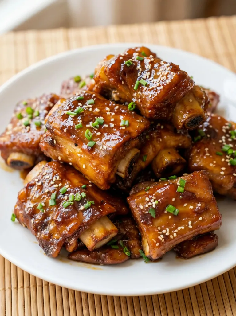 Plate of succulent Honey Garlic Ribs glazed with a sweet and savory sauce