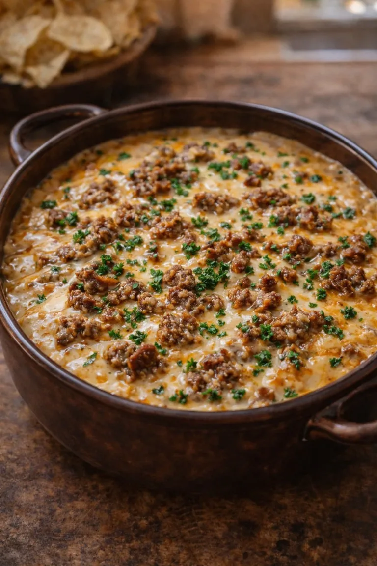 Hot sausage cheese dip served in a bowl with tortilla chips