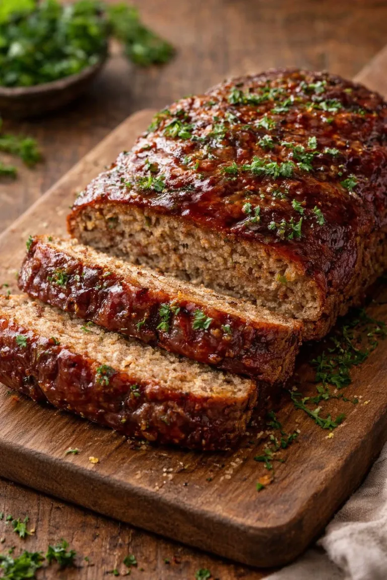 Juicy garlic parmesan chicken meatloaf served on a plate