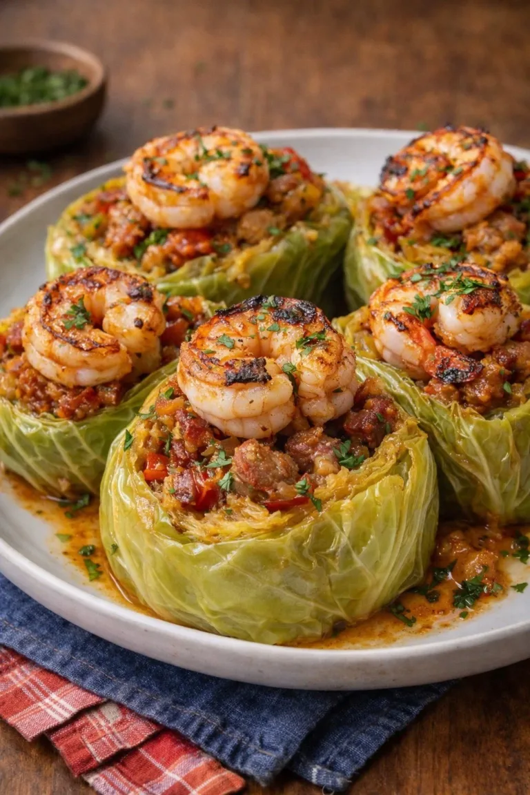 Keto Cajun Shrimp and Sausage Stuffed Cabbage dish