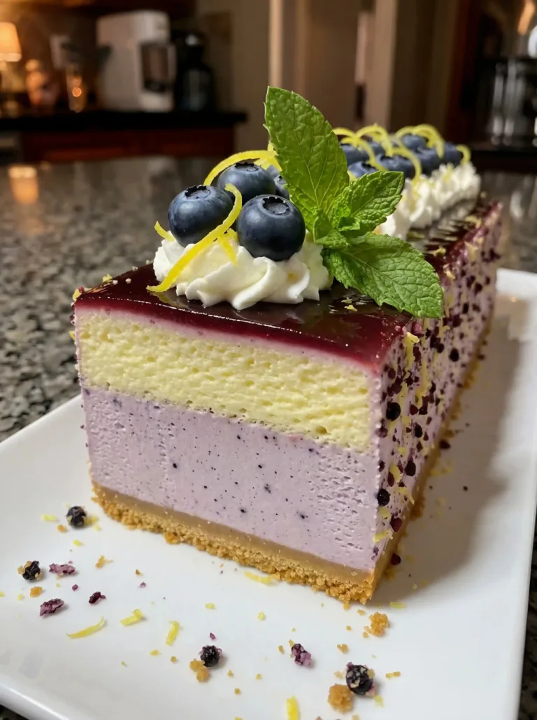 Slice of Lemon Blueberry Shortbread Mousse Cake with blueberries and lemon garnish