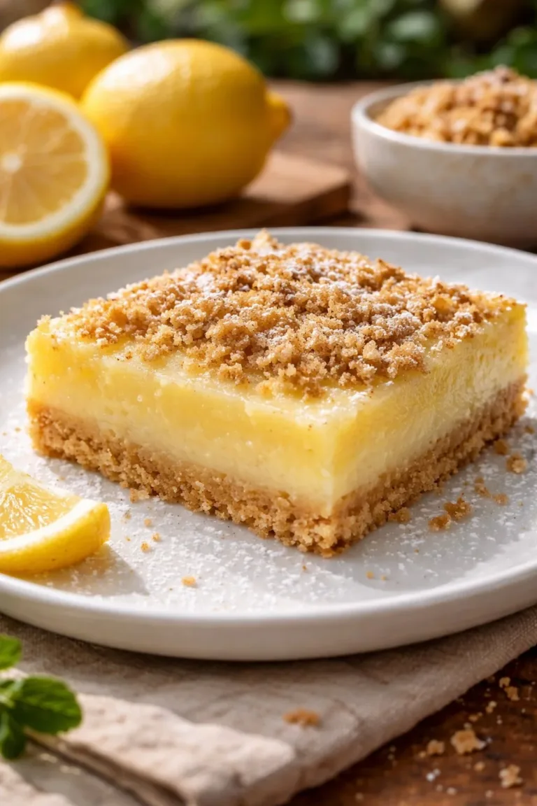 Lemon cheesecake crumb bars on a plate, garnished with lemon slices.