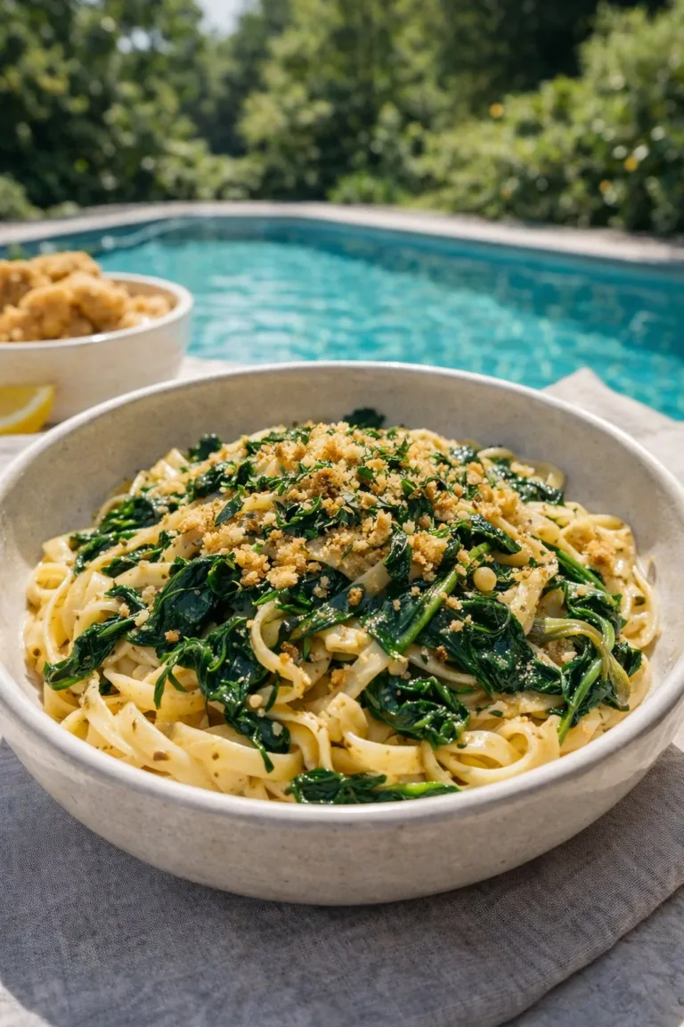 Delicious Lemon Ricotta Pasta with Spinach served in a white bowl