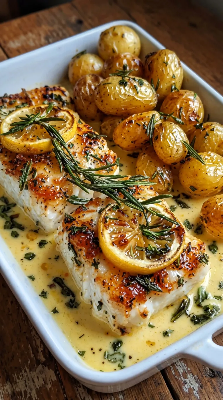 Lemon rosemary baked cod served with baby potatoes on a plate