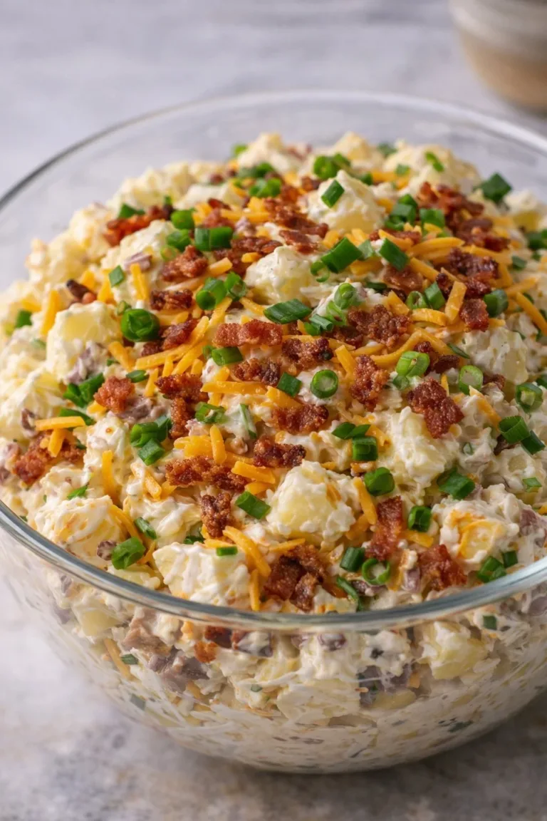 Loaded baked potato salad with bacon, cheese, and green onions