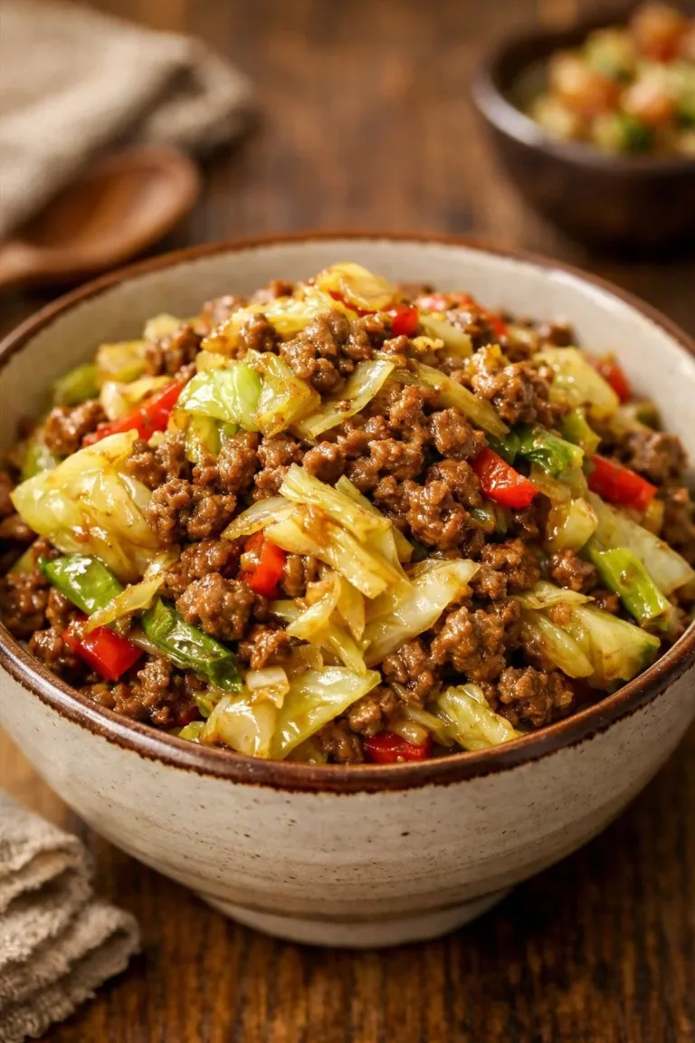 Low Carb Mongolian Ground Beef served with Cabbage