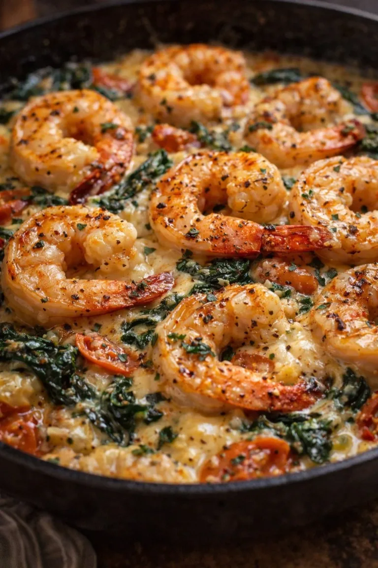 Delicious Low-Carb Shrimp Tuscan Bake with creamy sauce and fresh ingredients