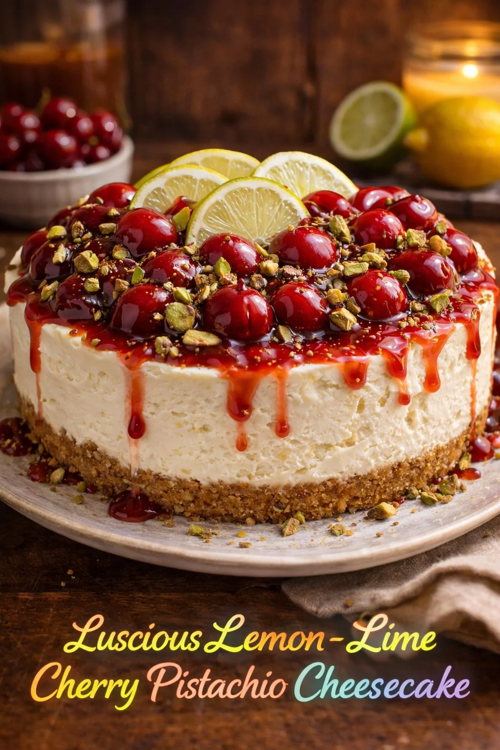Luscious Lemon-Lime Cherry Pistachio Cheesecake