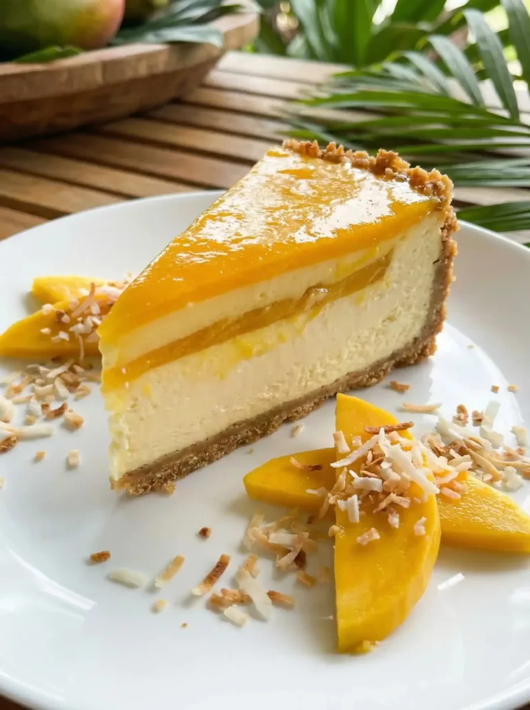 Delicious Mango Coconut Cheesecake topped with fresh mango slices and coconut flakes