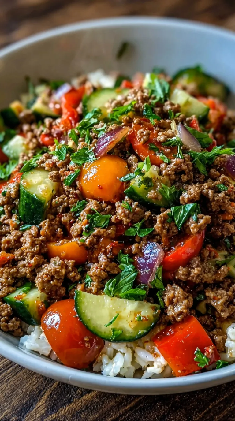 Mediterranean ground beef stir fry with colorful vegetables on a plate