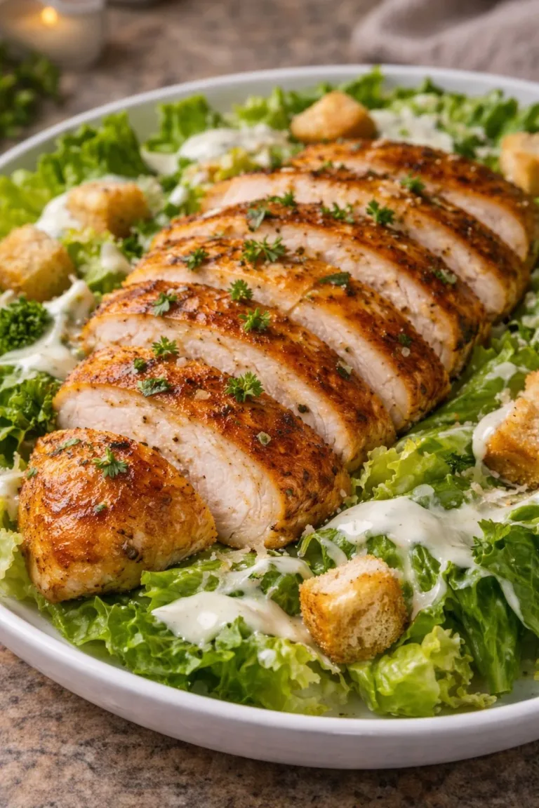 Tender Melt in Your Mouth Caesar Chicken on a plate with fresh greens