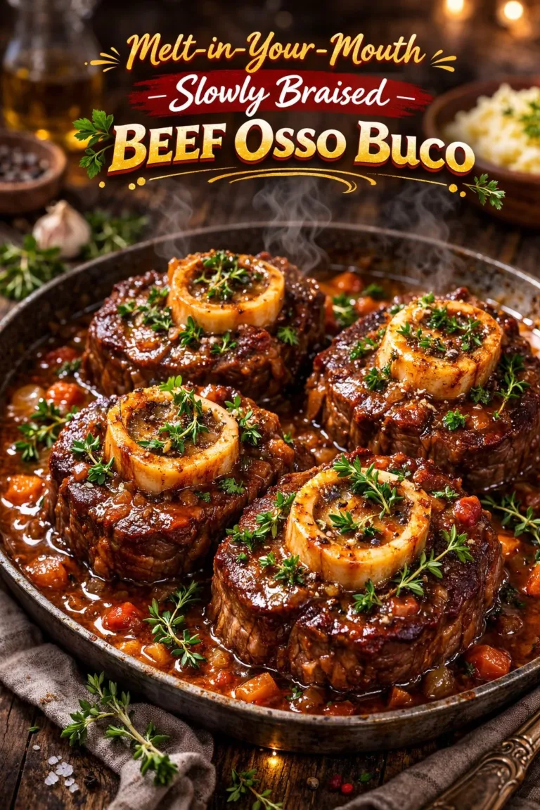 Delicious braised beef osso buco served with garnishes in a rustic setting