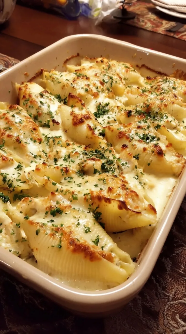 Creamy Million Dollar Chicken Alfredo Stuffed Shells served on a plate