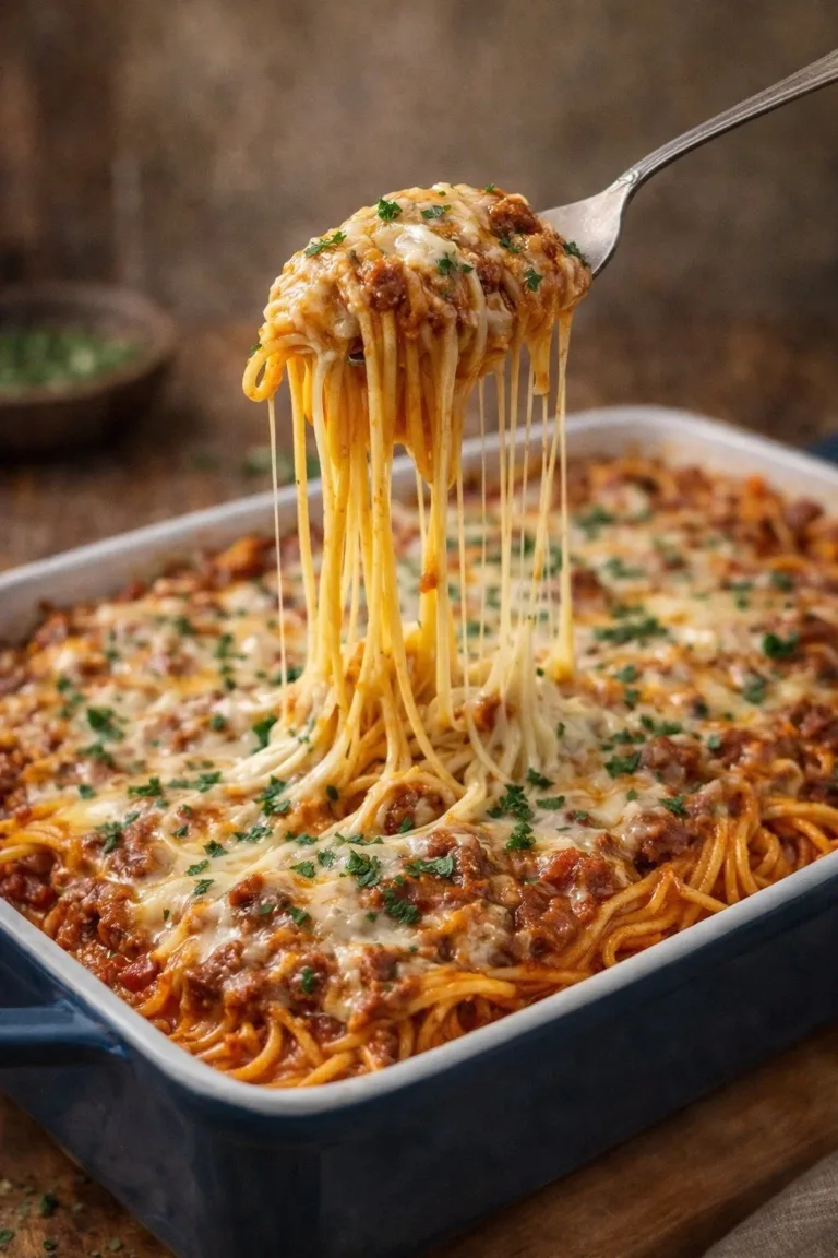 Million Dollar Spaghetti Casserole topped with cheese and herbs on a serving dish.