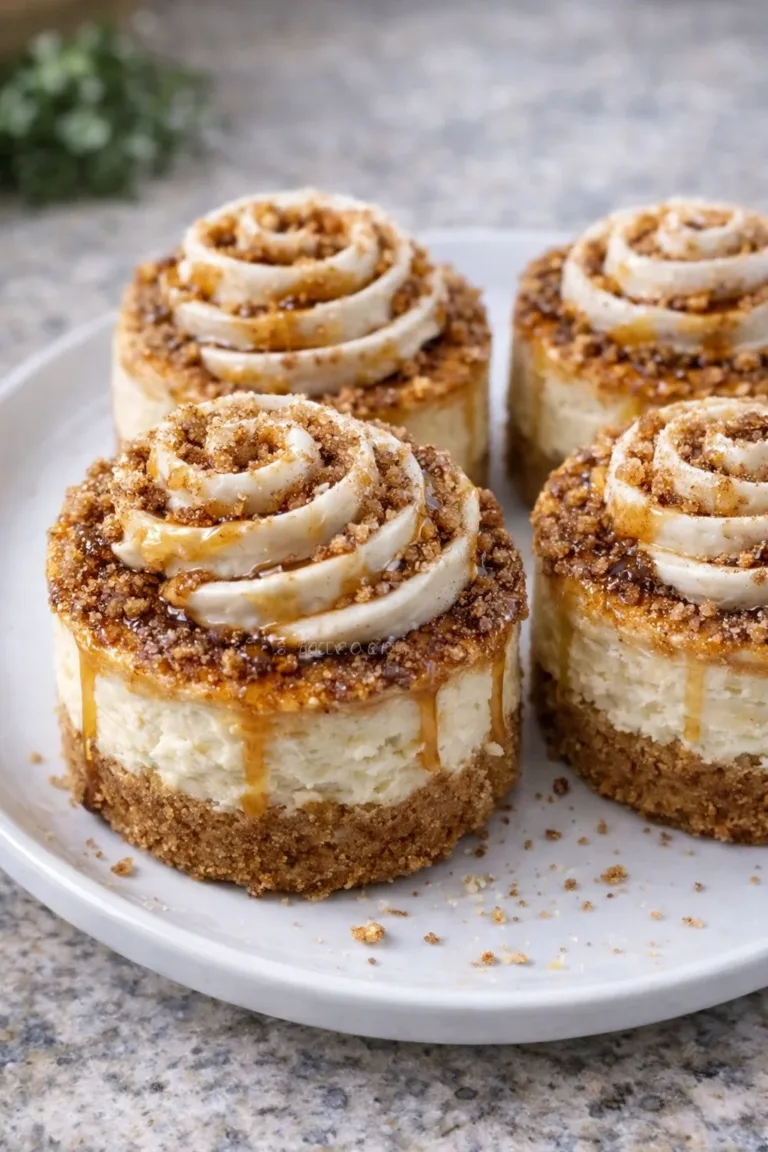 Delicious mini cinnamon swirl cheesecakes topped with a cinnamon glaze.