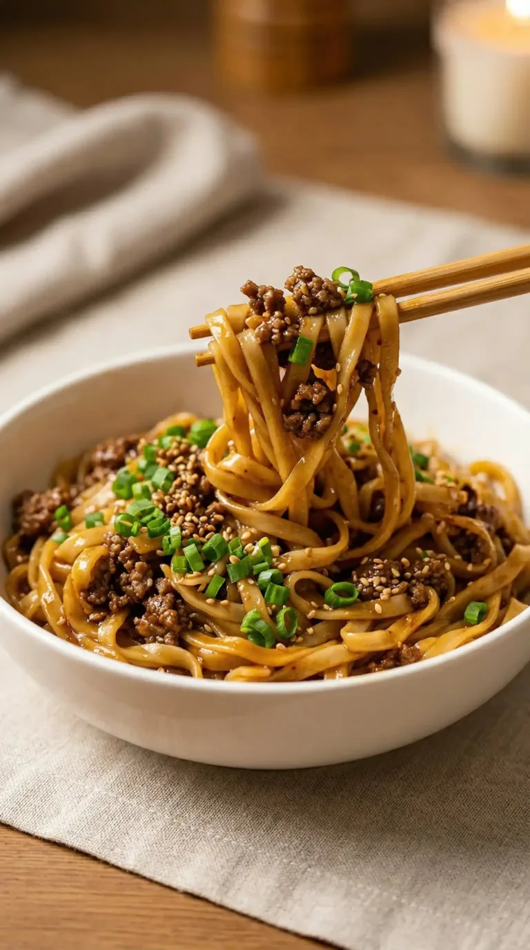 Bowl of Mongolian Ground Beef Noodles garnished with green onions