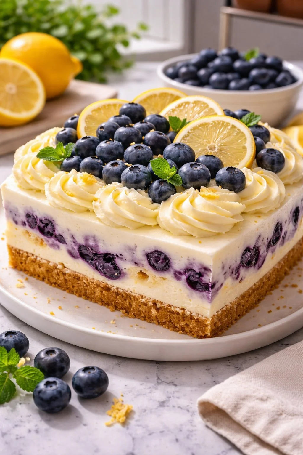 No-Bake Lemon Dazzling Blueberry Cream Cake
